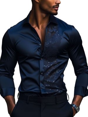 Men's Satin Long Sleeve Shirt with Lace Panel Detail – Elegant Casual Dress Shirt for Men