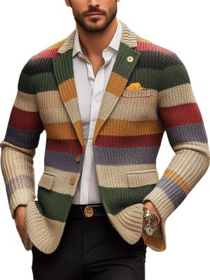 Men's Rainbow Striped Knit Cardigan with Lapel Detail – Casual Long Sleeve Sweater, Ships in 24 Hours