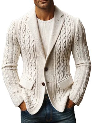 Fashionable Solid Color Knitted Blazer Jacket with Notched Lapel – Ships in 24 Hours