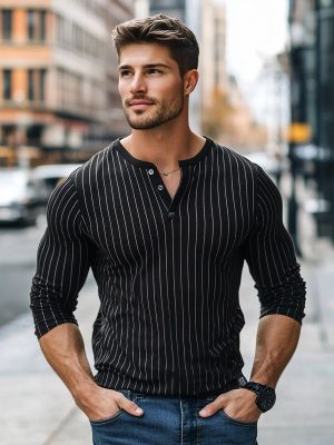 Men's Long Sleeve Henley T-Shirt with Contrast Vertical Stripes – Casual Cotton Casual Top for Men