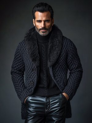 Vintage Faux Fur Collar Knitted Cardigan – Single-Breasted, Fast 24-Hour Shipping