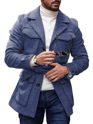 Vintage Herringbone Wool Coat with Lapel & Lace-Up Detail – 4-Pocket Casual Outerwear, Ships in 24 Hours