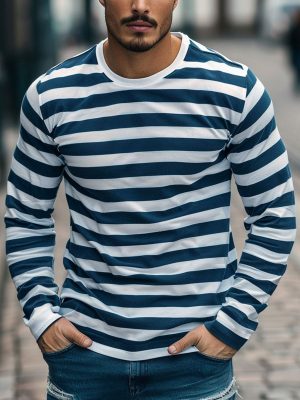 Men's Casual Long Sleeve Striped T-Shirt with Contrast Trim - Round Neck Cotton Tee
