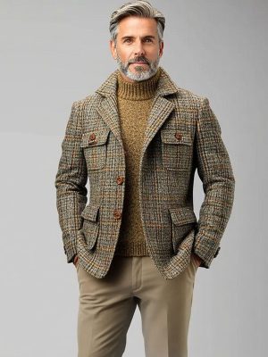 Men's Vintage Plaid Casual Coat with Multi-Pockets – Single-Breasted Lapel Jacket, Ships in 24 Hours