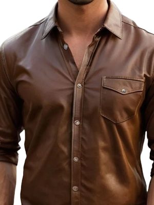 Men's Vintage Leather Long Sleeve Casual Shirt with Pocket – Fast 24-Hour Shipping