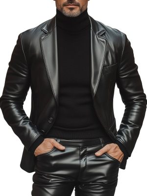 Men's Casual Leather Jacket with Lapel & 3 Pockets – Fast 24-Hour Shipping