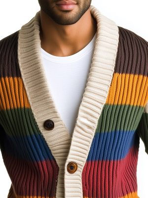 Men's Rainbow Striped Long Sleeve Knit Cardigan – Casual Cotton Blend, Fast 24-Hour Shipping