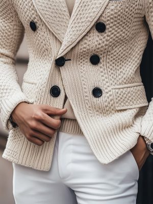 Vintage Double-Breasted Knitted Blazer with 3-Pocket Design – Business Lapel Jacket, Ships in 24 Hours