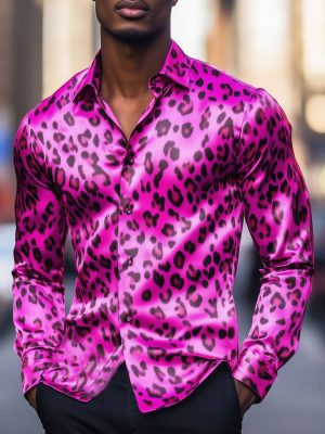 Men's Leopard Print Satin Shirt – Long Sleeve Fashion Button-Down Top for Casual & Party Wear