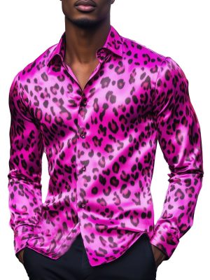 Men's Leopard Print Satin Shirt – Long Sleeve Fashion Button-Down Top for Casual & Party Wear