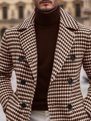 Retro Houndstooth Double-Breasted Long Coat for Women – Fast 24-Hour Shipping