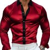 Men's Contrast Trim Satin Long Sleeve Dress Shirt for Men