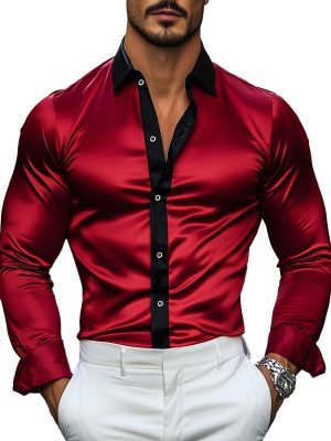 Men's Contrast Trim Satin Long Sleeve Dress Shirt for Men