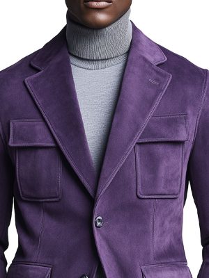 Men's Purple Suede Blazer with Lapel & Multi-Pockets – Fast 24-Hour Shipping