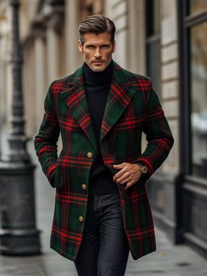 Men's Retro Red Green Plaid Wool Coat – Classic Lapel Design, Fast 24-Hour Shipping