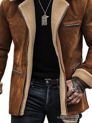 Men's Vintage Suede Shearling Jacket with Fleece Lining, Zipper Pockets & Reversible Fur Collar – Mid-Length Winter Coat