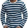 Men's Casual Long Sleeve Striped T-Shirt with Contrast Trim - Round Neck Cotton Tee