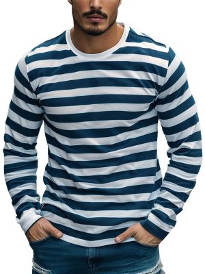 Men's Casual Long Sleeve Striped T-Shirt with Contrast Trim - Round Neck Cotton Tee