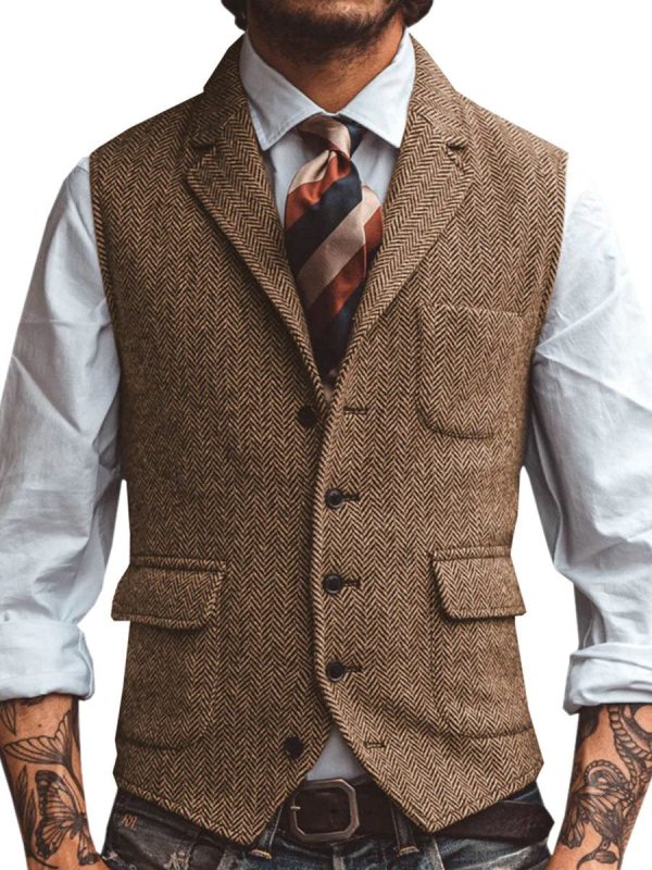 Men's Herringbone Blazer Vest with Notched Lapel and 3-Pocket Design