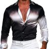 Men's Black and White Gradient Satin Dress Shirt – Elegant Long Sleeve Formal Button-Down for Business or Casual Wear