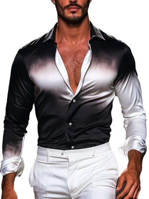 Men's Black and White Gradient Satin Dress Shirt – Elegant Long Sleeve Formal Button-Down for Business or Casual Wear