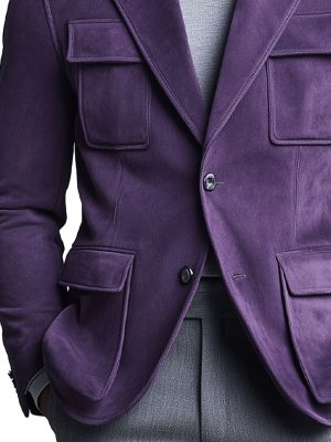 Men's Purple Suede Blazer with Lapel & Multi-Pockets – Fast 24-Hour Shipping
