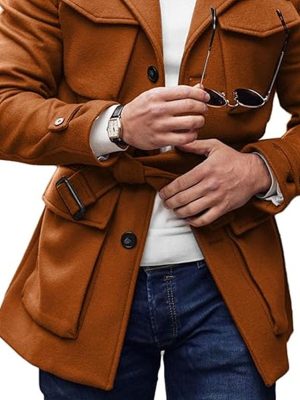 Woolen Coat with Lapel & Lace-Up Design | Solid Color Multi-Pocket Winter Coat | Ships in 24 Hours