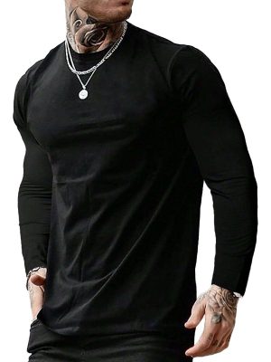 Men's Solid Color Long Sleeve Round Neck T-Shirt – Casual Cotton Tee for Everyday Wear