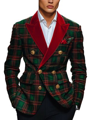Men's Festive Plaid Blazer with Double-Breasted Design & Notched Lapel – Fast 24-Hour Shipping