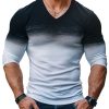 Men's Gradient V-Neck Long Sleeve T-Shirt – Casual Contrast Color Cotton Tee