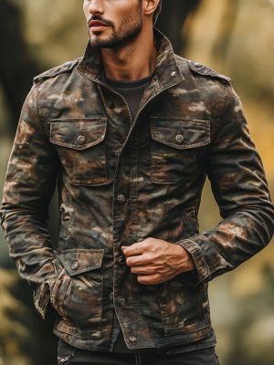 Men's Vintage Camo Jacket with Multiple Pockets & Zipper Closure – Fast 24-Hour Shipping