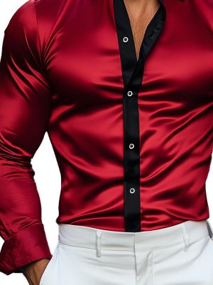 Men's Contrast Trim Satin Long Sleeve Dress Shirt for Men