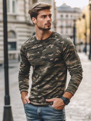 Men's Camo Print Long Sleeve T-Shirt - Casual Round Neck Cotton Tee for Men