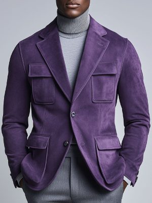 Men's Purple Suede Blazer with Lapel & Multi-Pockets – Fast 24-Hour Shipping