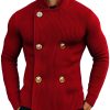 Vintage Red Knitted Cardigan with Stand Collar & Double-Breasted Design – Ships in 24 Hours