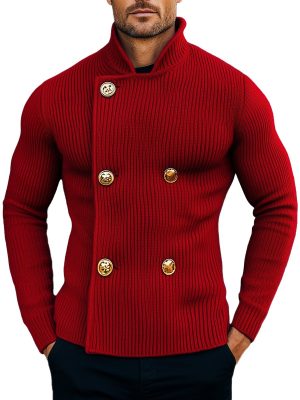 Vintage Red Knitted Cardigan with Stand Collar & Double-Breasted Design – Ships in 24 Hours
