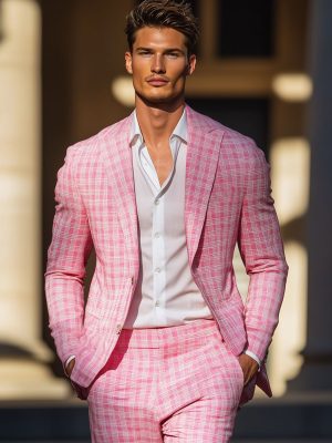Men's Pink Plaid Blazer – Slim Fit Casual Single-Breasted Jacket for Everyday Wear