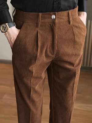 Men's Vintage Corduroy Pants with Elastic Waist - Straight Fit, Solid Color, Fast 24-Hour Shipping