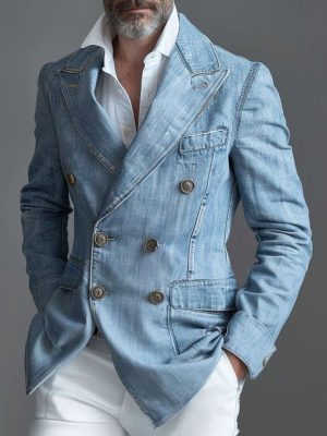 Men's Double-Breasted Denim Blazer with Pockets – Casual Slim-Fit Jacket, Ships in 24 Hours