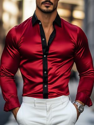 Men's Contrast Trim Satin Long Sleeve Dress Shirt for Men
