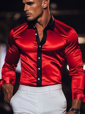 Men's Long Sleeve Satin Shirt with Contrast Trim - Stylish Casual Dress Shirt for Men