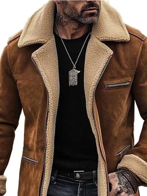 Men's Vintage Suede Shearling Jacket with Fleece Lining, Zipper Pockets & Reversible Fur Collar – Mid-Length Winter Coat