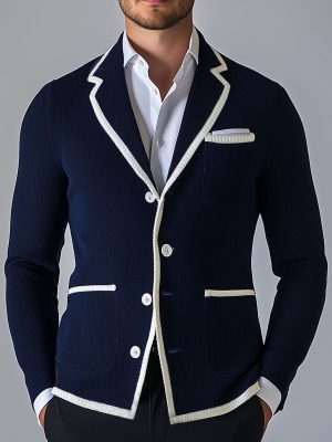 Men's Contrast Color Knit Cardigan with Lapel & Pocket – Single-Breasted, Fast 24-Hour Shipping
