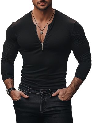 Men's V-Neck Long Sleeve T-Shirt with Zipper – Fast 24-Hour Shipping