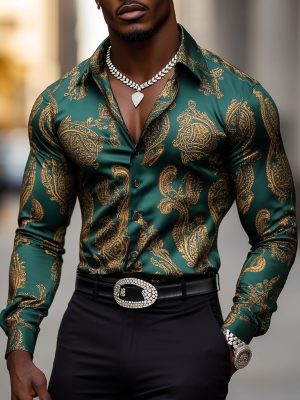 Men's Vintage Gold Paisley Satin Shirt - Long Sleeve Dress Shirt for Men