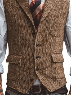 Men's Herringbone Blazer Vest with Notched Lapel and 3-Pocket Design