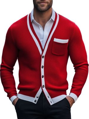 Men's Contrast Color Knitted Cardigan – Single-Breasted, Fast 24-Hour Shipping
