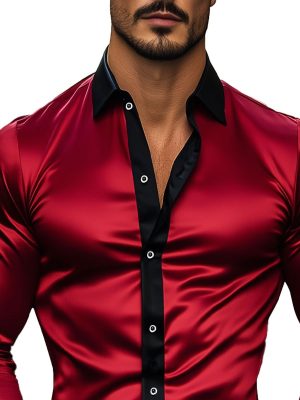 Men's Contrast Trim Satin Long Sleeve Dress Shirt for Men