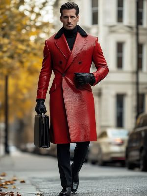 Business-Style Double-Breasted Leather Overcoat with 24-Hour Shipping