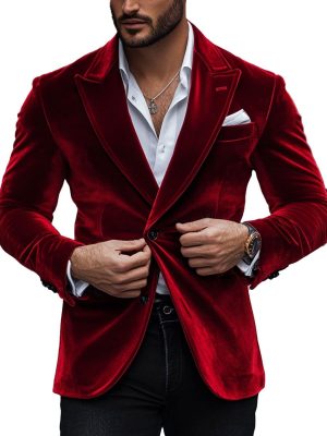 Men's Red Velvet Vintage Blazer - Single Breasted Lapel Jacket with 24-Hour Shipping
